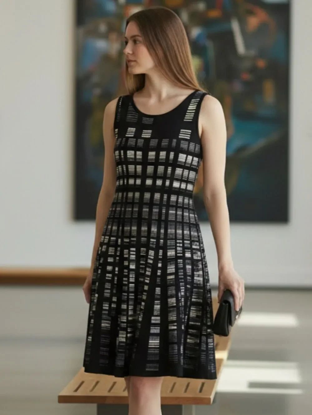 NIC+ZOE Black and Cream Striped Grid Sleeveless Dress